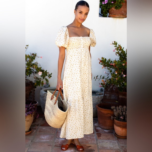 Emerson Fry Dresses & Skirts - Emerson Fry Santiago Maxi Dress Anne Flowers Gold Linen Puff Sleeves Size M